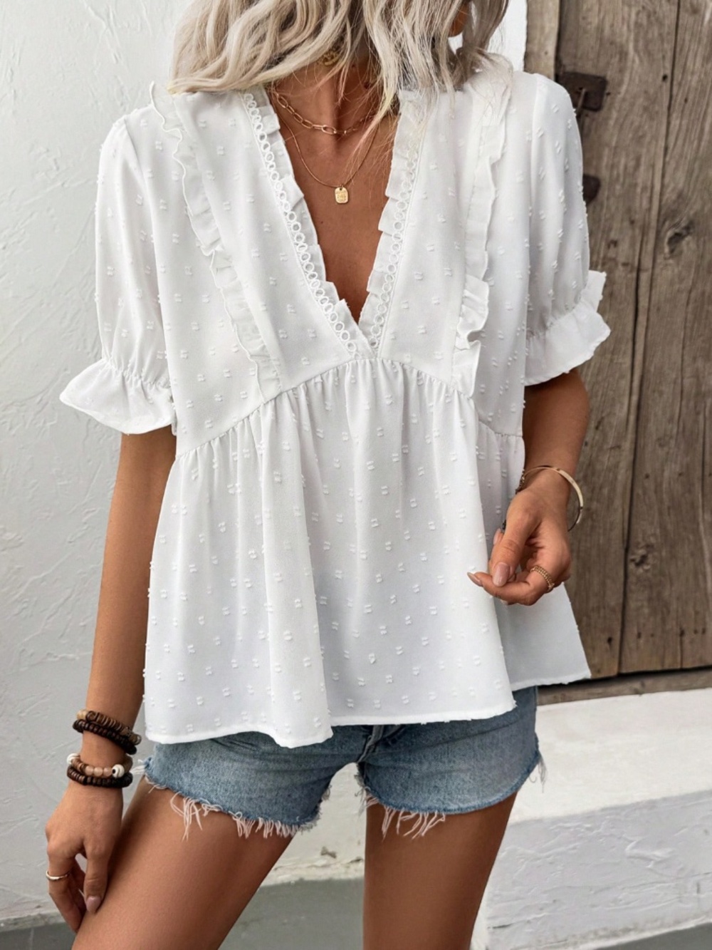 White Babydoll Swiss Dot V-Neck Short Puff Sleeve Top Shirt Frill Ruffle Trim - Picture 4 of 8